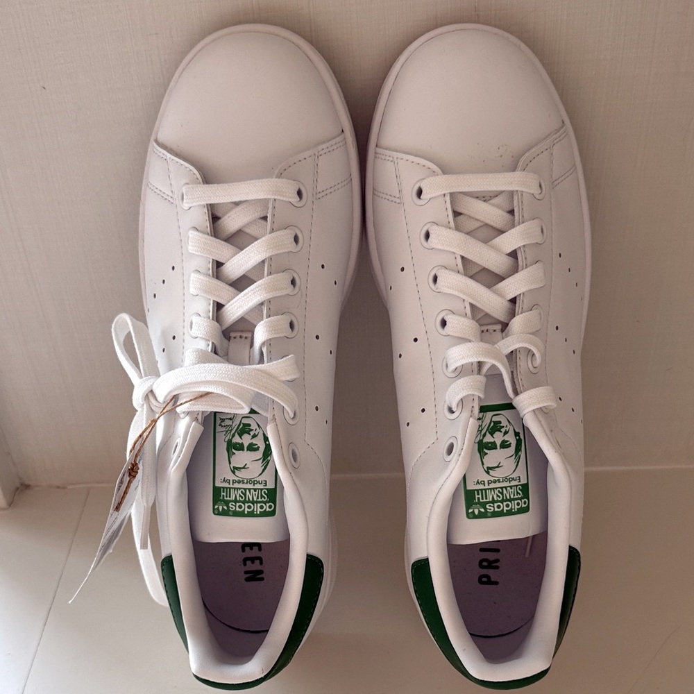 Stan Smith Adidas Classic White Green Trim Primegreen Leather Sneakers 9 1/2